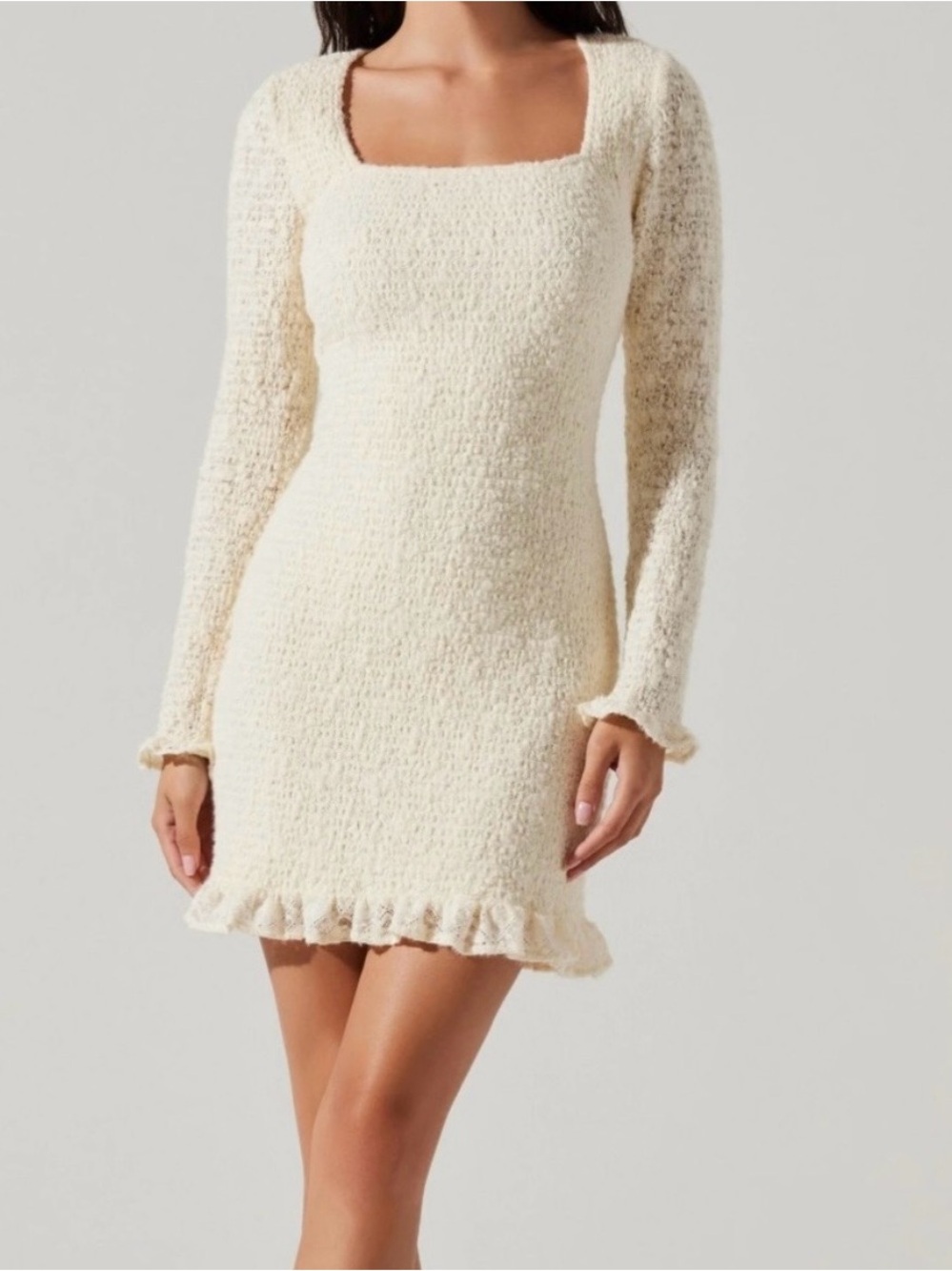ASTR The Label Smocked Long Sleeve Lace Cream Square Neck Dress Women’s XL